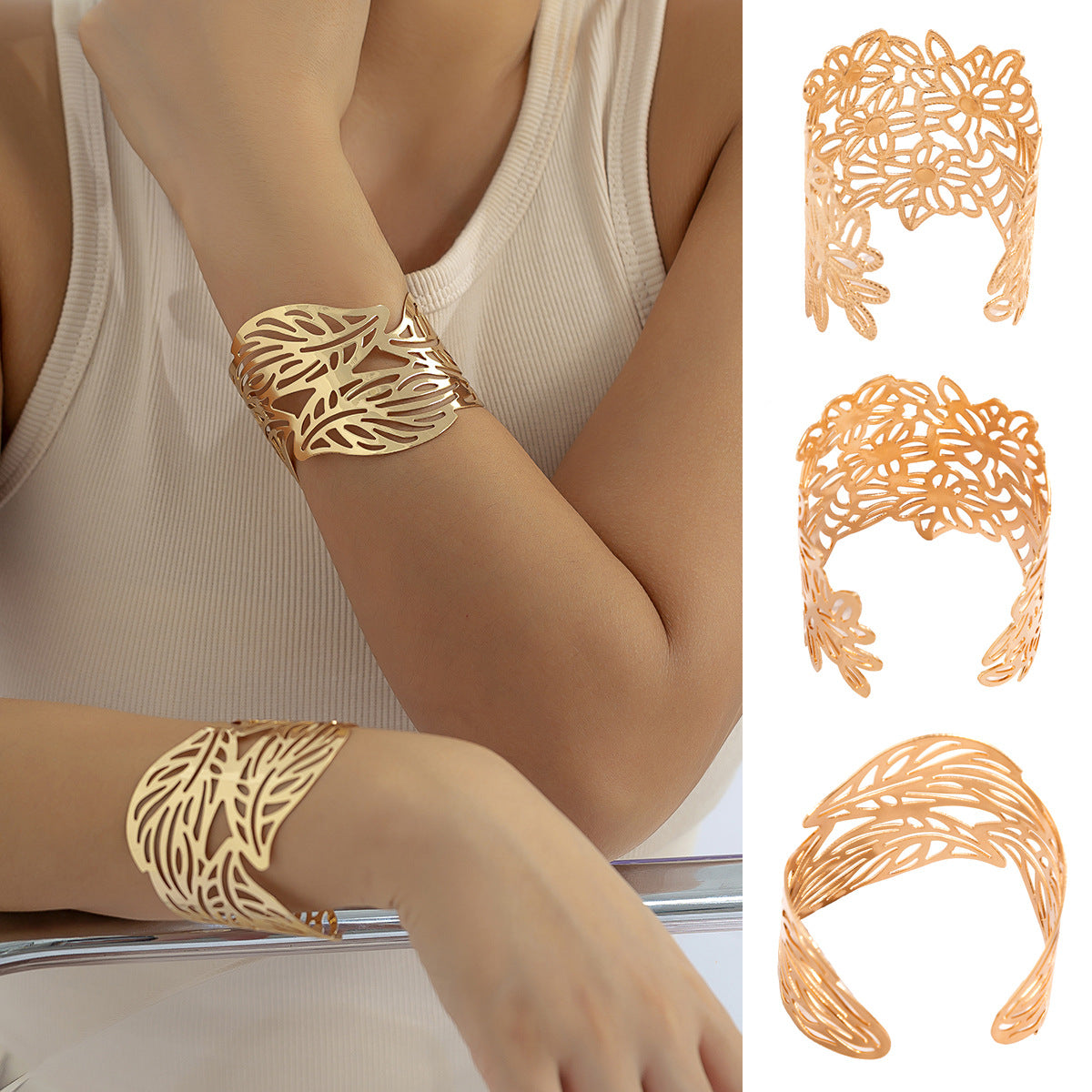 Minimalist Geometric Metal Bracelet with Hollow Floral and Leaf Motifs Electroplated for Women