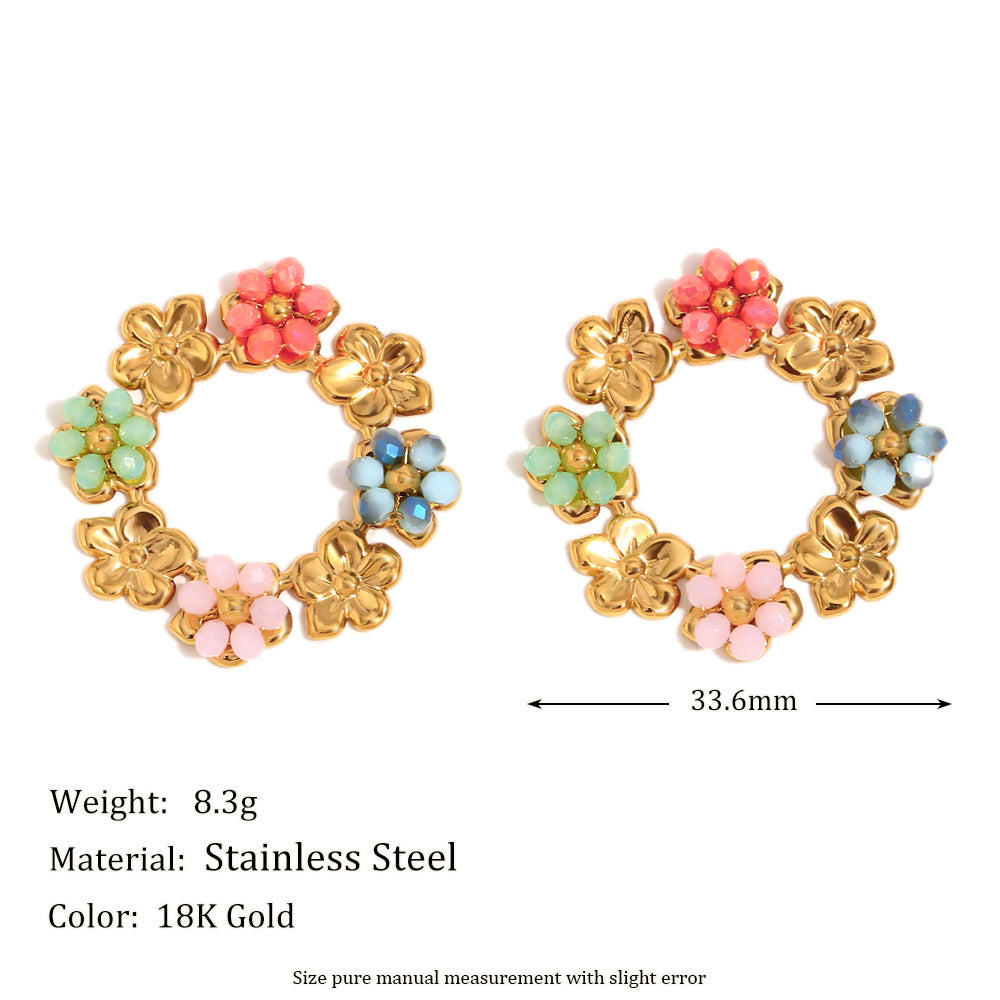 Vintage-Inspired Floral Round Hoop Earrings for Women in Stainless Steel with 18K Gold Plating
