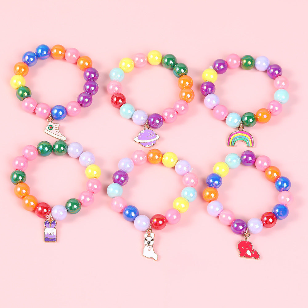 Pulsera de cuentas geométricas estilo dibujo animado para niñas con dije de esmalte en material de aleación para edades de 3 a 10+