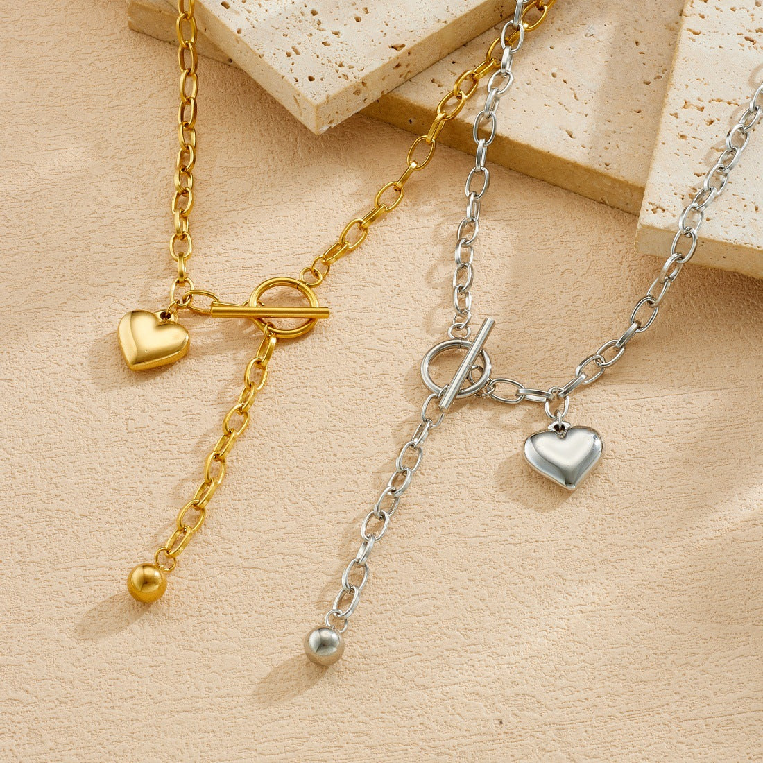 Punk Minimalist Heart Stainless Steel Plated Necklace with Irregular Cable Chain and OT Clasp for Women