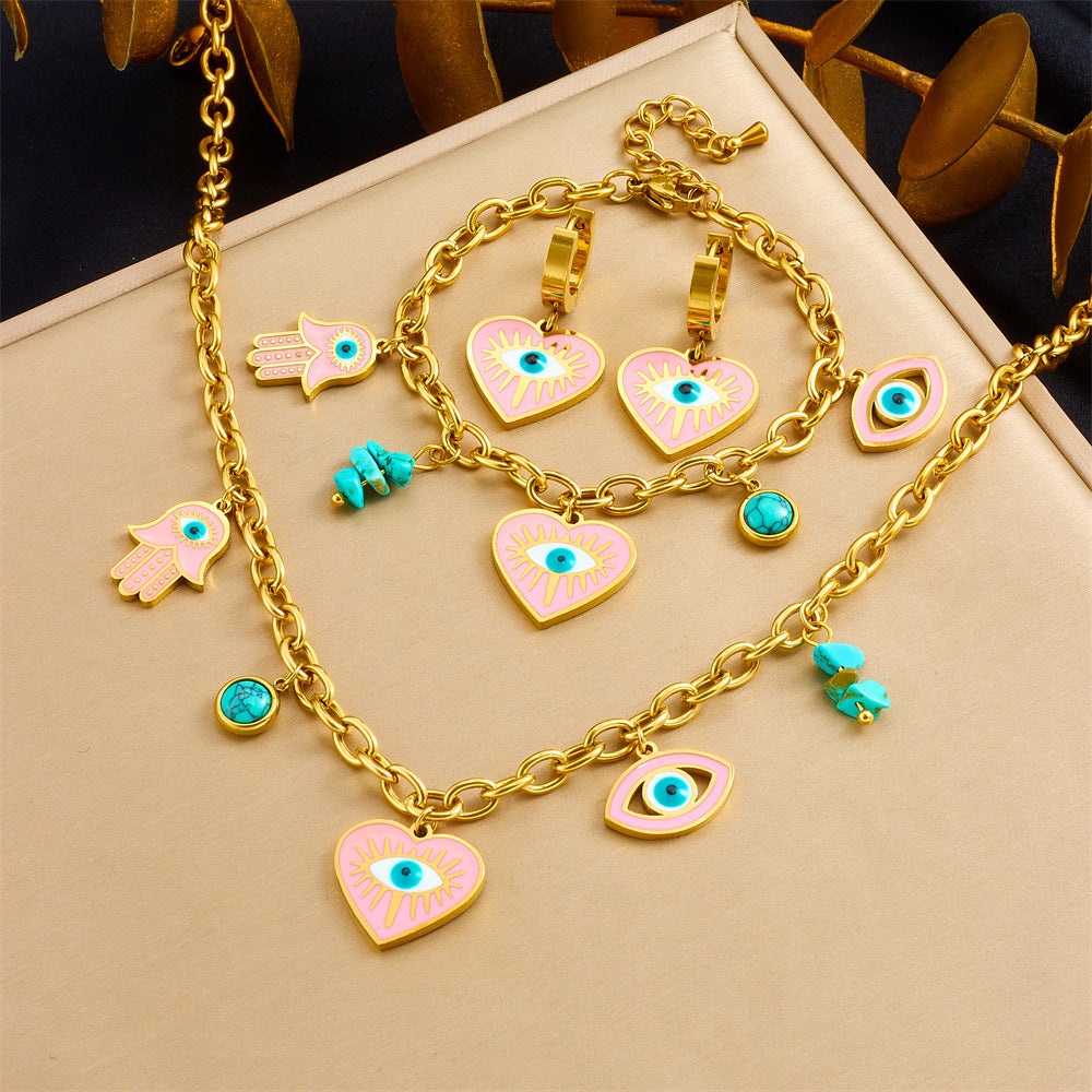 Fashion Drip Oil Pink Heart Eye Turquoise Pendant Stainless Steel Necklace Earring Bracelet Set for Women