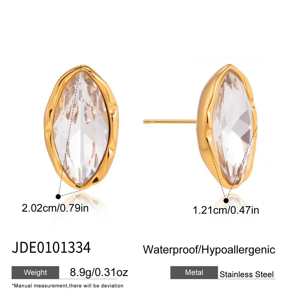 Elegant Geometric Oval Rhinestone Inlay Titanium Steel Stud Earrings PVD Gold Plated