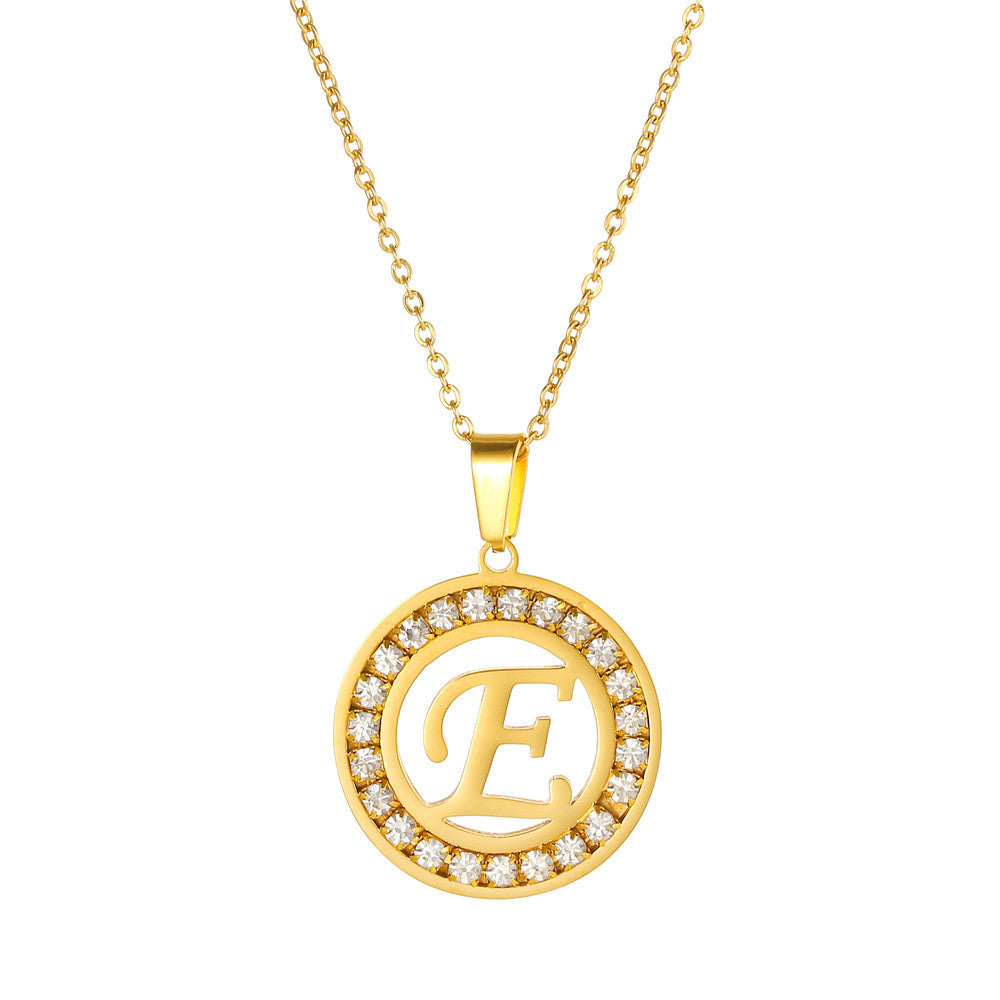 Minimalist Gold Plated Round Letter Rhinestone Inlay Pendant Necklace Titanium Steel Cable Chain
