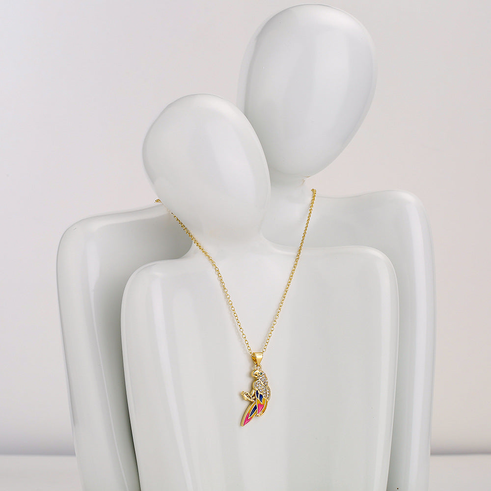Vintage 18K Gold Plated Enamel Zircon Love Bird Geometric Pendant Necklace for Women