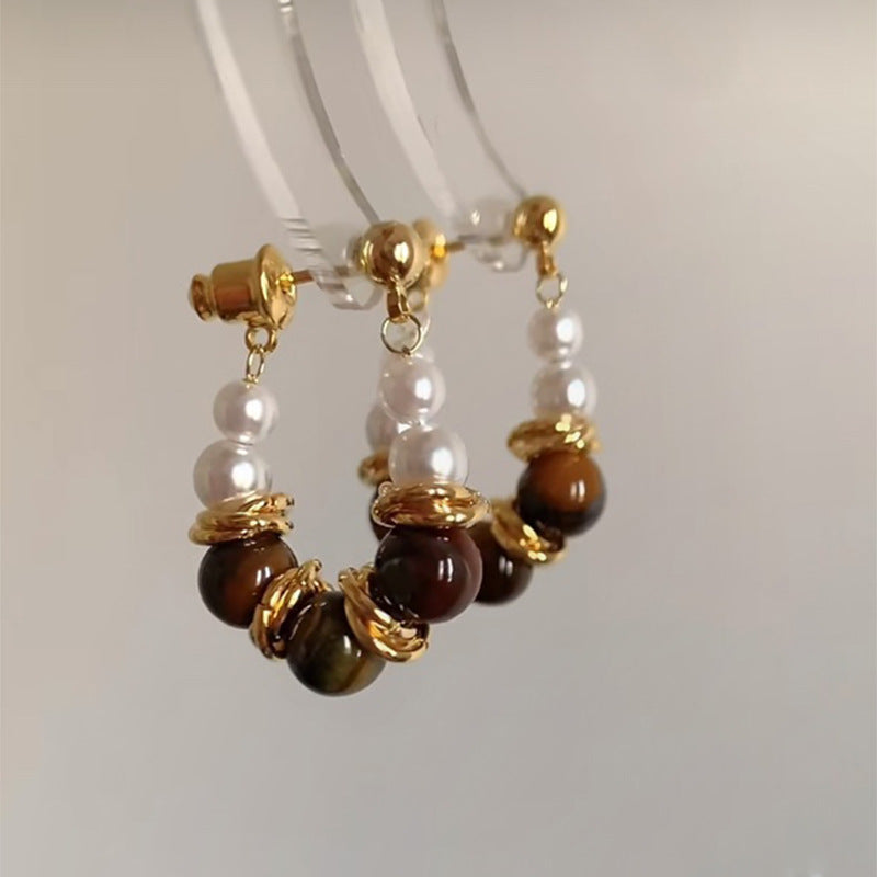 Orecchini a perno in acciaio al titanio con forme geometriche, zirconi e occhio di tigre, da donna, stile minimalista di lusso per l'ufficio e l'uso quotidiano