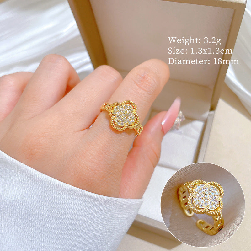 Minimalist Sweet Gold Plated Brass Adjustable Clover Ring for Women and Couples