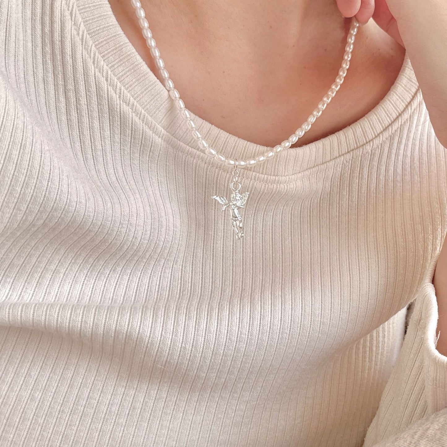 Minimalist French Style Angel Pendant Necklace for Women in 925 Sterling Silver with Cubic Zirconia and Artificial Pearl on Snake Chain