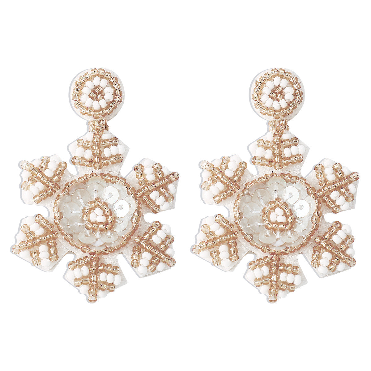 Pendientes Dulces y Modernos de Copo de Nieve Geométrico con Lentejuelas y Cuentas de Semilla Tejidos a Mano para Mujer