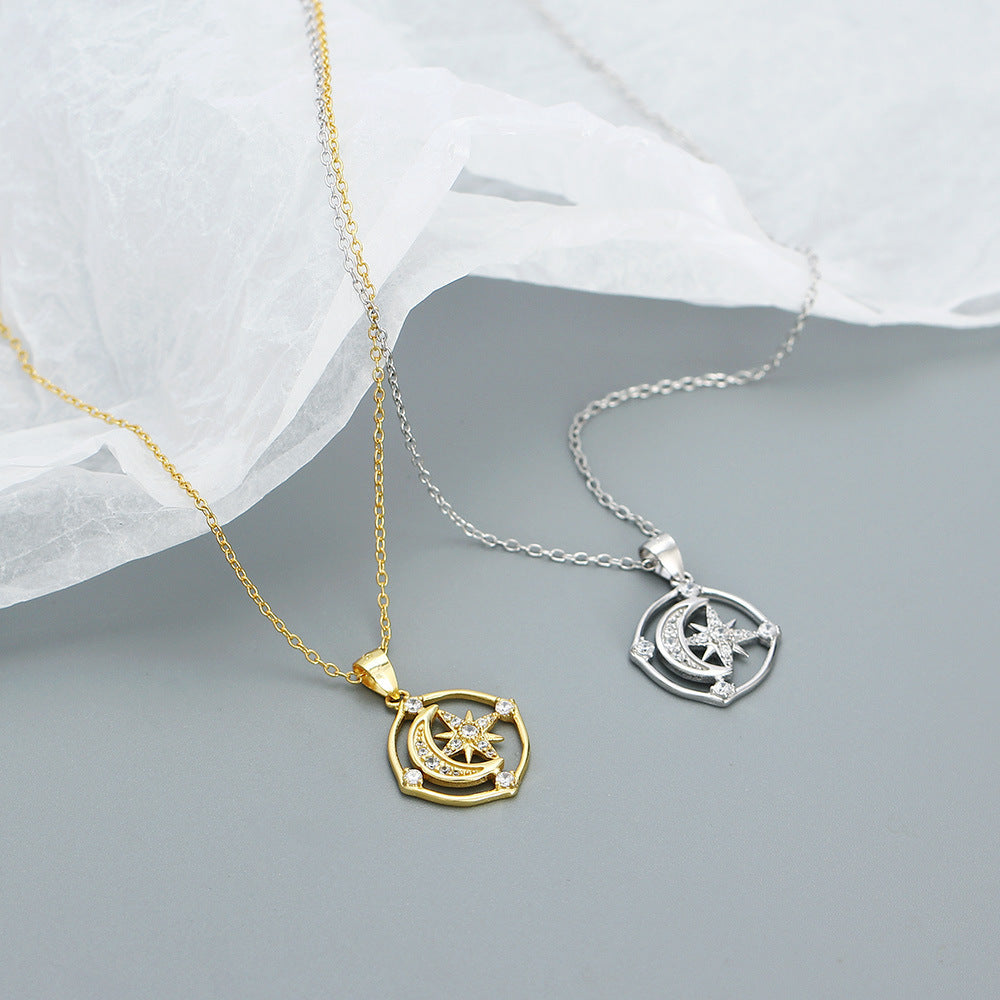 Minimalist 925 Sterling Silver Moon Star Cubic Zirconia Necklace Geometric Pendant Cable Chain for Women