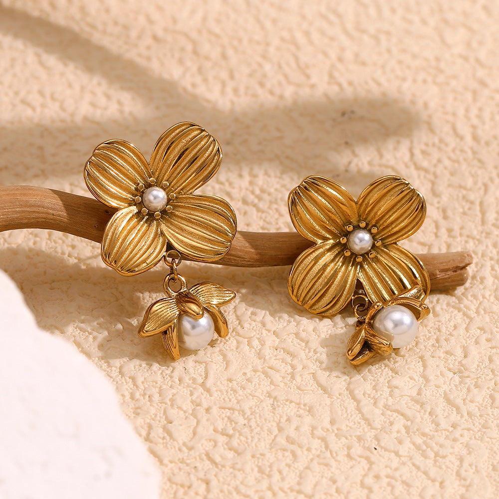Vintage Floral Geometric Stainless Steel Earrings with 18K Gold Plating and Simulated Pearl Accents