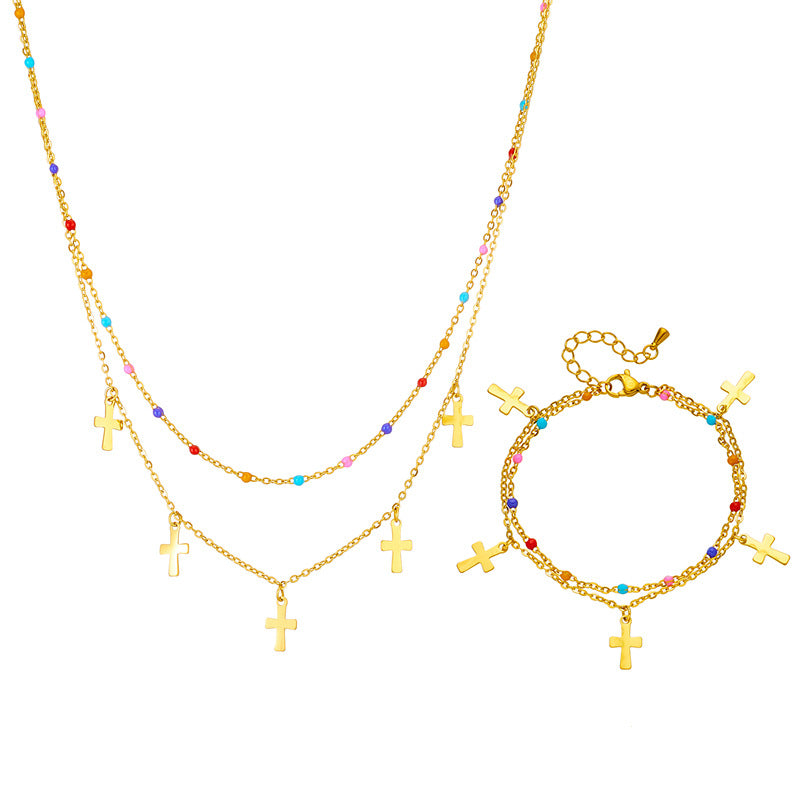 Set Collana con Pendente a Croce alla Moda in Acciaio al Titanio Placcato per Donna