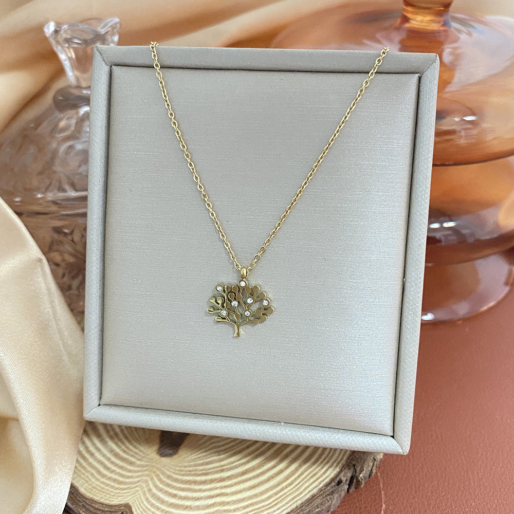 18K Gold Plated Titanium Steel Heart Cartoon Leaf Necklace with Ethnic Elements