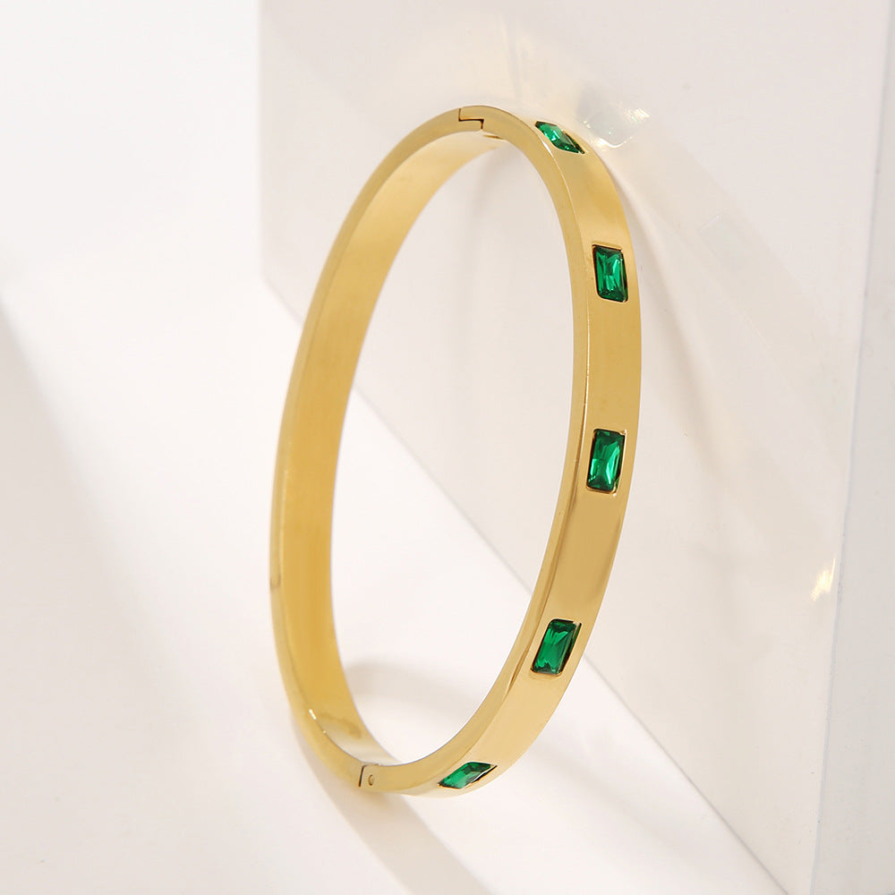 Vintage Geometric Titanium Steel Cuff Bracelet with Green Cubic Zirconia Inlay for Women