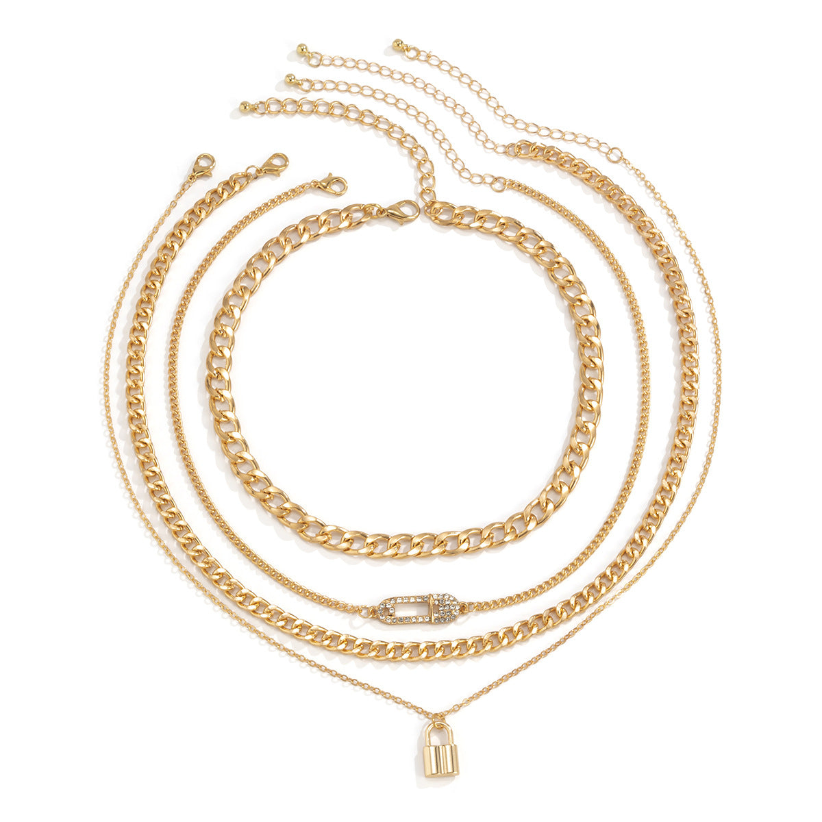 Set de collar con broche vintage en forma de candado para mujer, con colgante de aleación con acabado chapado, diseño geométrico, joyería de cadena fina en capas