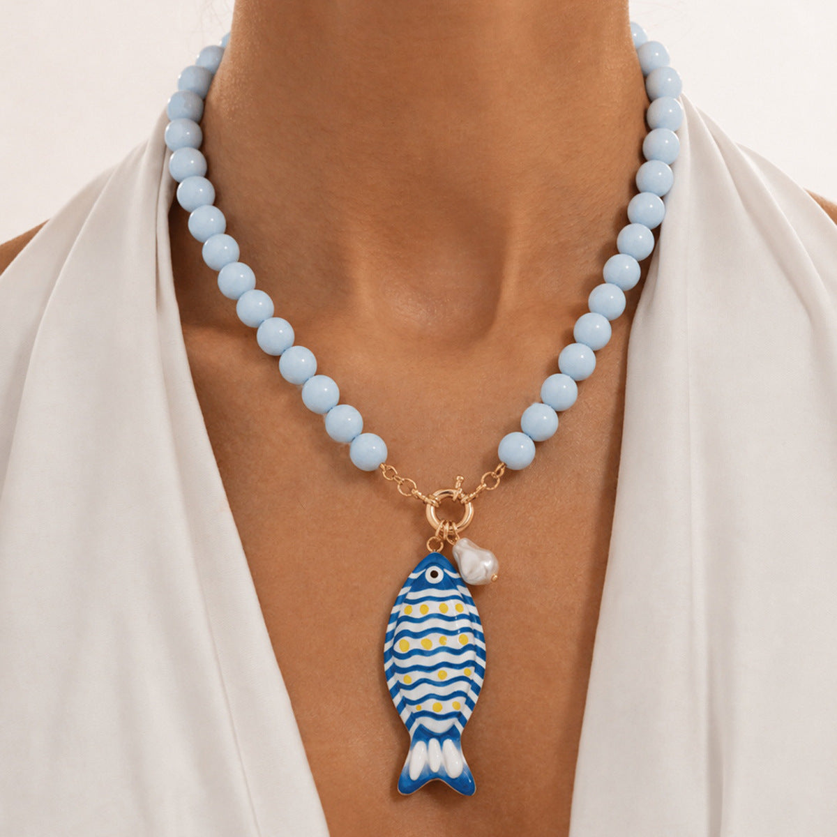 Sweet Casual Acrylic Fish Pendant Necklace Colorful Beaded Chain Women's Jewelry