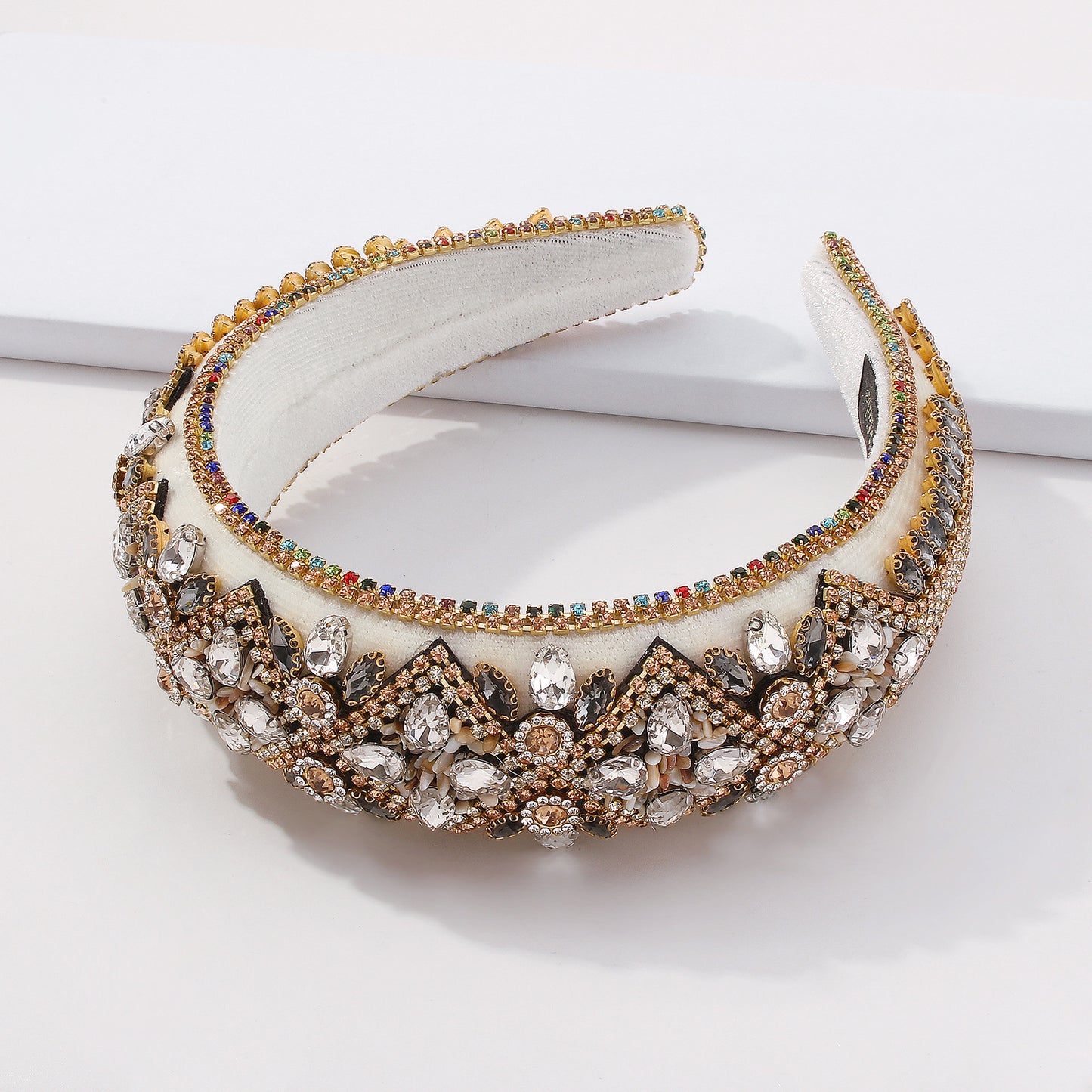 Geometric Style Thick Sponge Hair Hoop for Women - Handmade Alloy Hair Accessory with Rhinestones and Glass Beads, Fashion European Trendy Hair Clip for Party