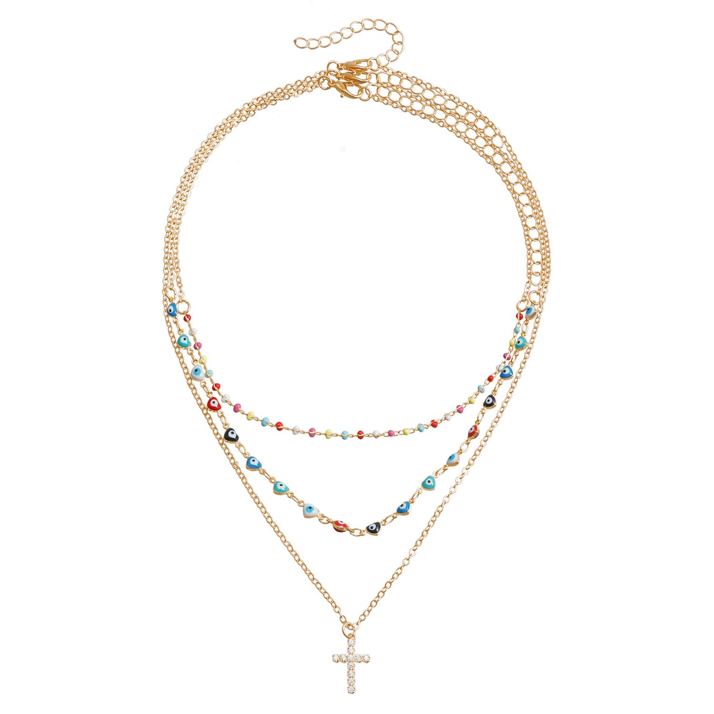 Vintage Style Evil Eye and Cross Pendant Necklace for Women with Alloy Material Plated Finish Geometric U-Shaped Design Collarbone Chain