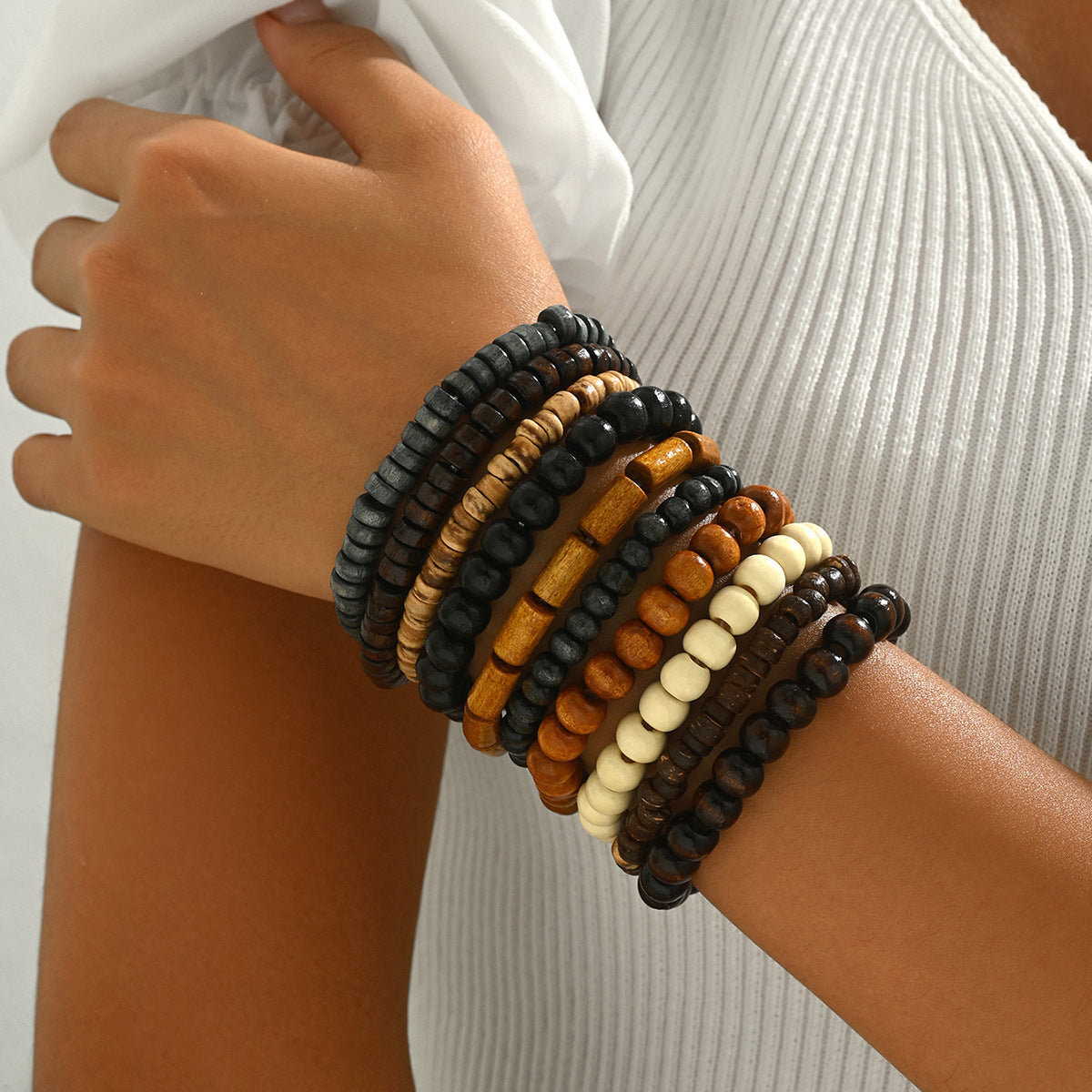 Minimalist Geometric Wooden Beaded Bracelet Set for Women Handmade Multi-Layer Fashion Bracelet