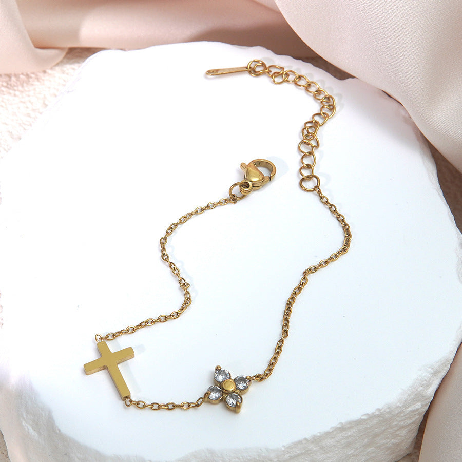 Bracciale da donna in Acciaio Inossidabile Placcato, Elegante, Minimalista, a Croce Floreale con Zirconi Cubici