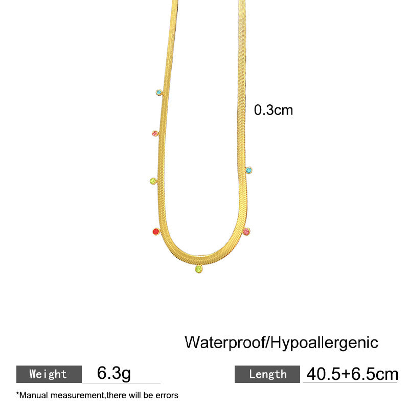 Sweet Streetwear Geometric Titanium Steel PVD Necklace with Cubic Zirconia and Flat Snake Chain