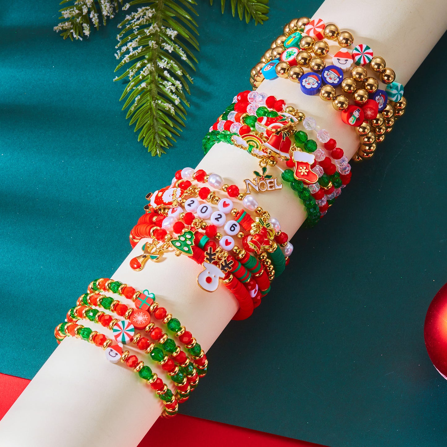 Sweet Christmas-Themed Bracelet Set with Snowman Reindeer Bell and Tree Charms Crystal Handmade Fashion Bracelets for Women