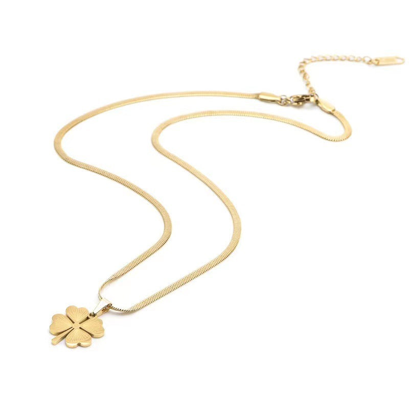 Collar con colgante de trébol de cuatro hojas minimalista para mujer en acero titanio con acabado láser y superficie chapada