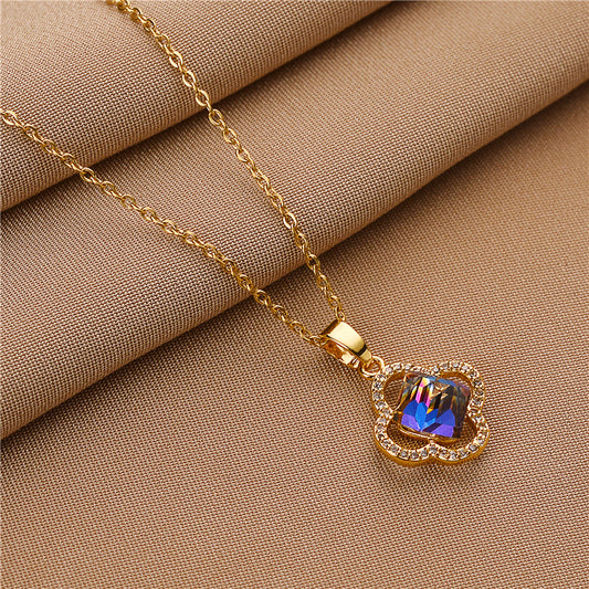 Minimalist 18K Gold Plated Titanium Steel Four-Leaf Clover Blue Crystal Pendant Necklace Water Wave Chain