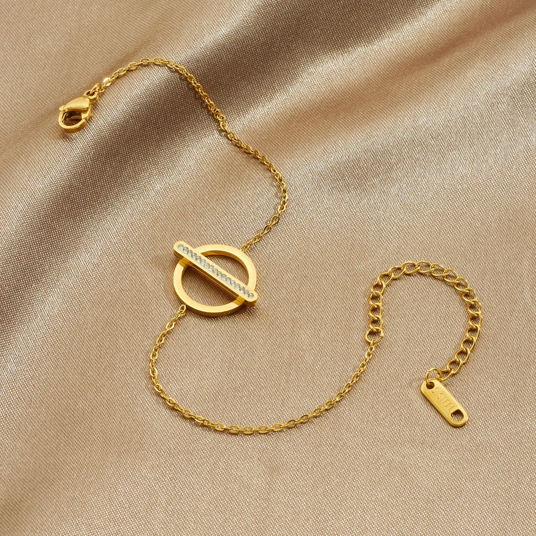 Minimalist Gold Plated Geometric Round Rectangle Rhinestone Inlay Stainless Steel Pendant Chain Bracelet for Women