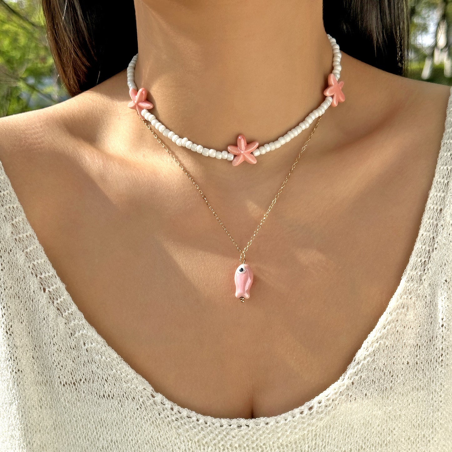 Bohemian Sweet Geometric Ceramic Resin Fish Starfish Turquoise Tassel Beaded Necklace for Women