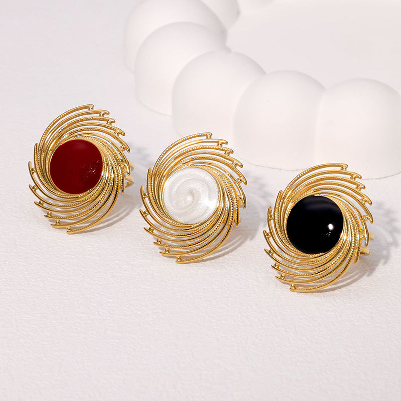 Vintage Geometric Enamel Stainless Steel Ring for Women with Polished Finish and Open Band Design