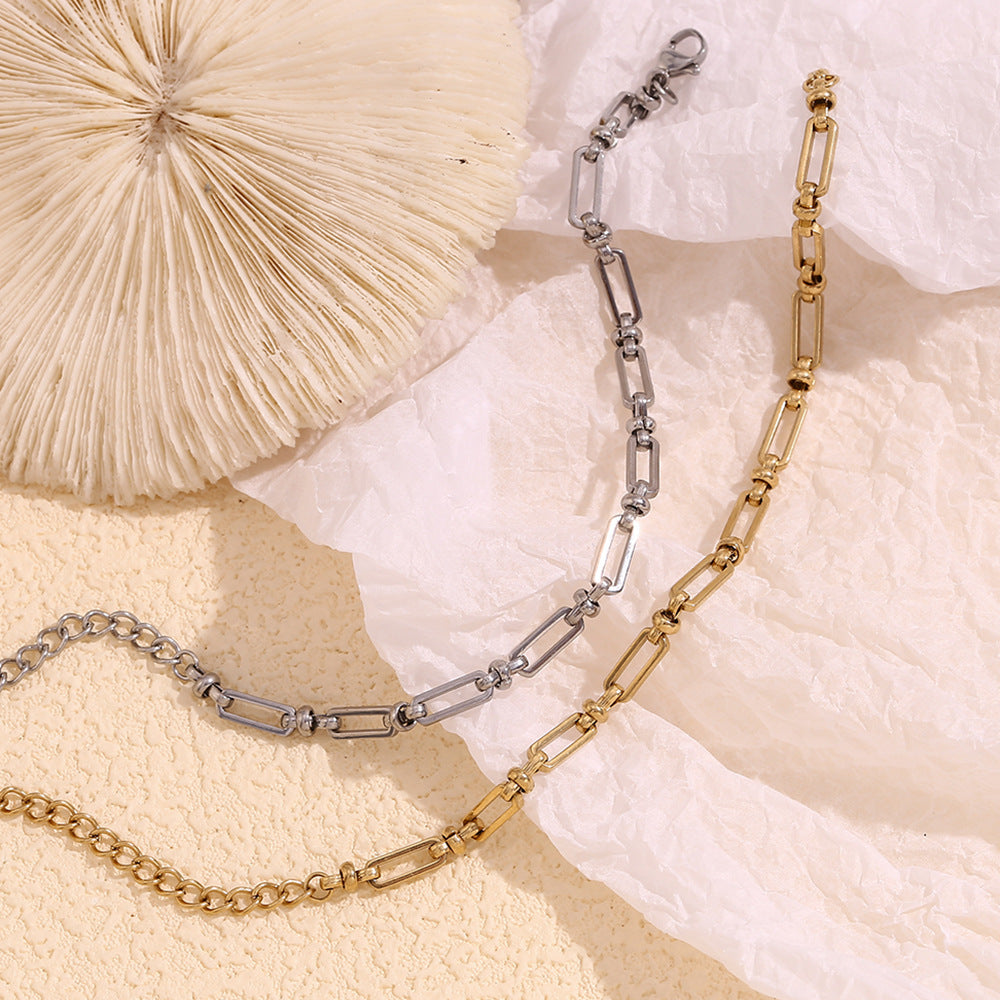 Minimalist Geometric Stainless Steel Plated 14K Gold Safety Pin and Cross Clasp Bracelet for Women