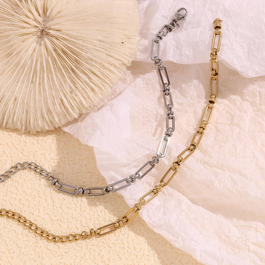 Minimalist Geometric Stainless Steel Plated 14K Gold Safety Pin and Cross Clasp Bracelet for Women