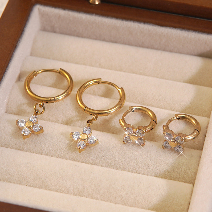 Minimalist Luxury Floral Stainless Steel Gold Plated Cubic Zirconia Stud Earrings for Women