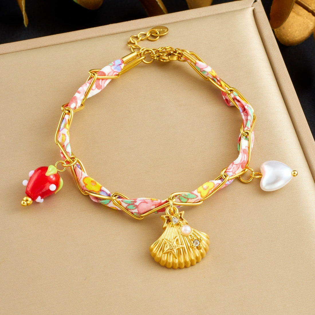 Sweet Cartoon Drip Oil Plated Stainless Steel Ladybug Strawberry Mushroom Resin Pendant Bracelet