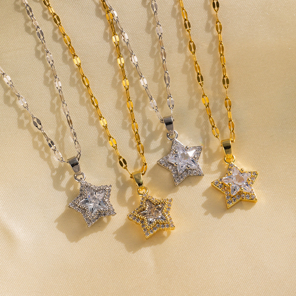 Elegant Minimalist Five-Pointed Star Titanium Steel Necklace for Women with Micro-Paved Zirconia, Water Wave Chain, Hypoallergenic Plated Finish