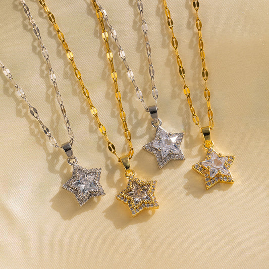 Elegant Minimalist Five-Pointed Star Titanium Steel Necklace for Women with Micro-Paved Zirconia, Water Wave Chain, Hypoallergenic Plated Finish