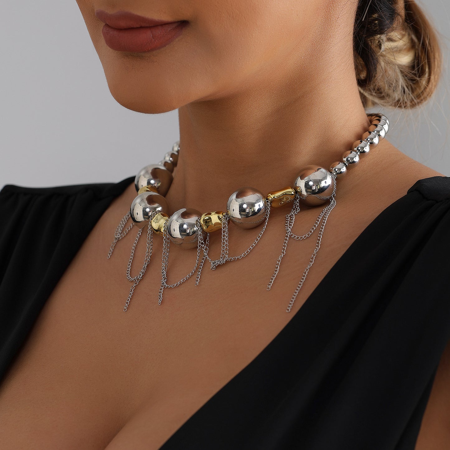 Exaggerated Geometric Round Beaded Tassel Necklace Alloy Plated Multi-layer Chain for Women