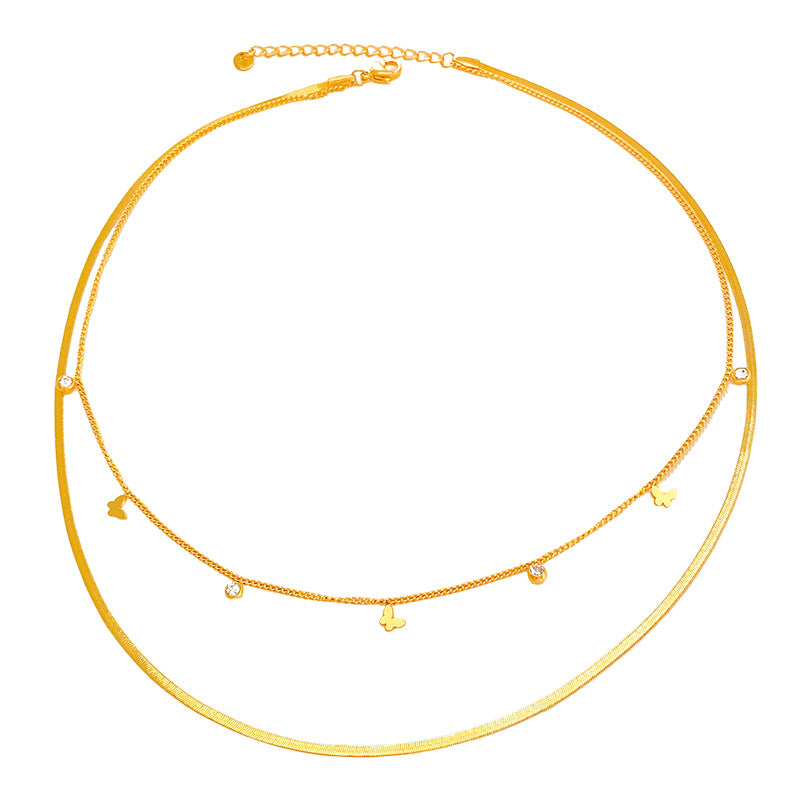 Layered Butterfly Cubic Zirconia Titanium Steel Snake Chain Necklace