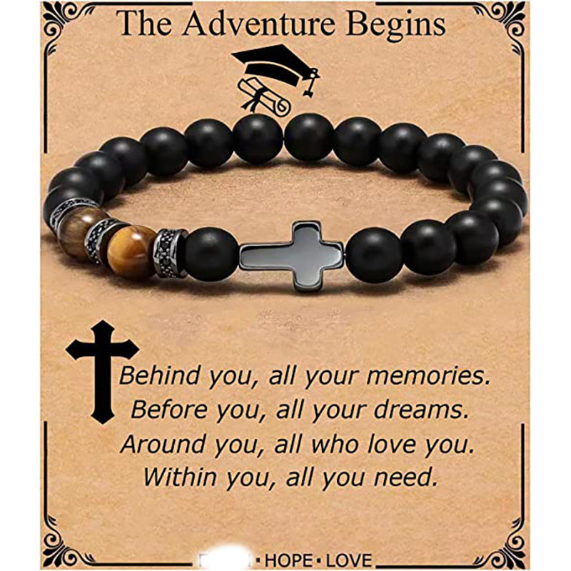Minimalist Matte Black Beaded Bracelet with Small Cross Pendant Unisex Gift