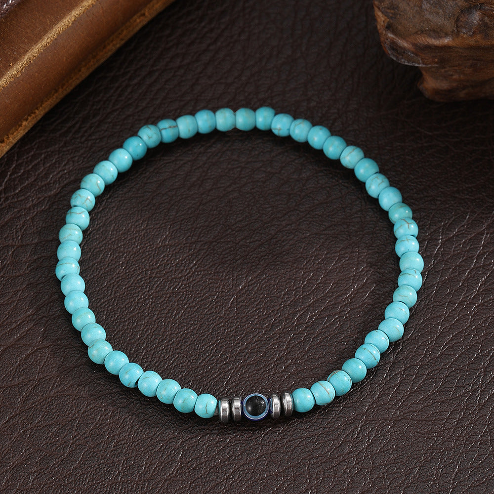 Men's Evil Eye Beaded Bracelet with Green Peacock, Yellow Tiger Eye and White Turquoise Stones