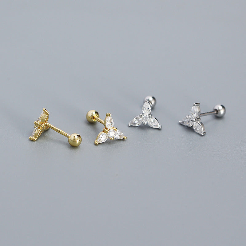 Minimalist Geometric Teardrop-Shaped S925 Sterling Silver Threaded Cartilage Earrings with Cubic Zirconia Inlay for Women