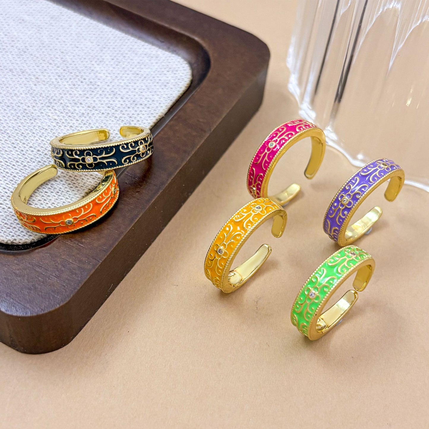 Vintage Sweet Gold Plated Brass Ring with Ethnic Patterns for Women