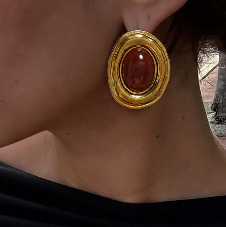 Vintage Geometric Oval Stainless Steel PVD 18K Gold Plated Resin Gradient Earrings for Women