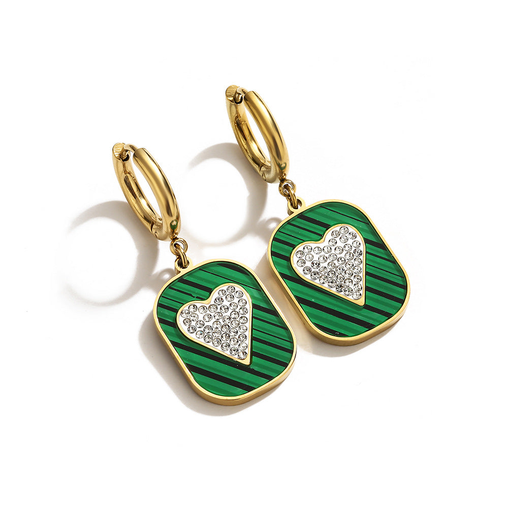 Orecchini da donna in acciaio al titanio a forma di cuore, geometrici e vintage, con intarsi in strass