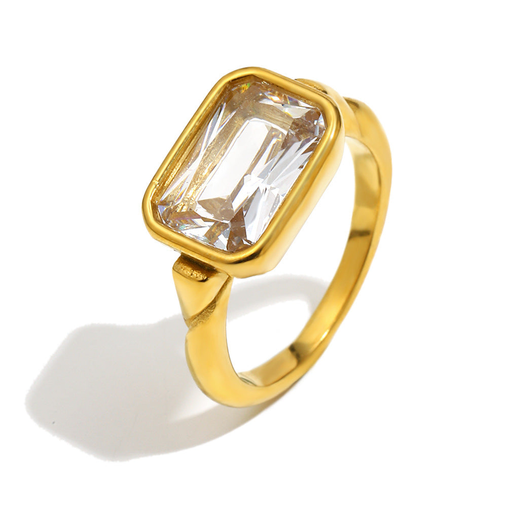 Minimalist 18K Gold Plated Stainless Steel Rectangle Geometric Cubic Zirconia Ring for Women