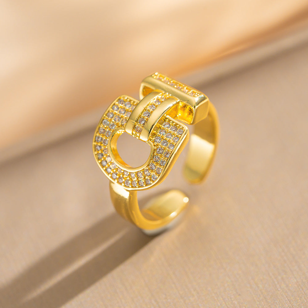 Luxury Minimalist Adjustable Open Ring for Women with Gold-Plated Copper Band and Zircon Stone Accent in Heart and Floral Shape