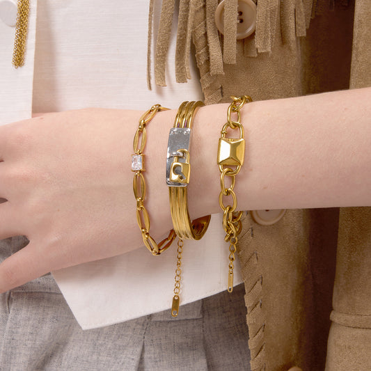 Set Collana e Bracciale da Donna Minimalista Geometrico in Acciaio al Titanio con Finitura Placcata