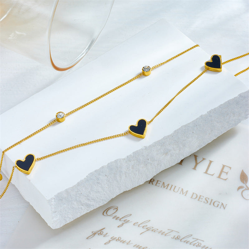 Minimalist Heart-Shaped Titanium Steel Anklet with Black and White Enamel Accents for Women