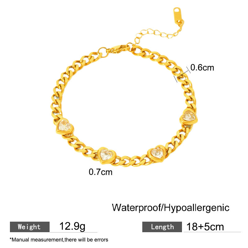 Elegant Stainless Steel Bracelet with Heart and Floral Geometric Design Cubic Zirconia Inlay Plated Finish