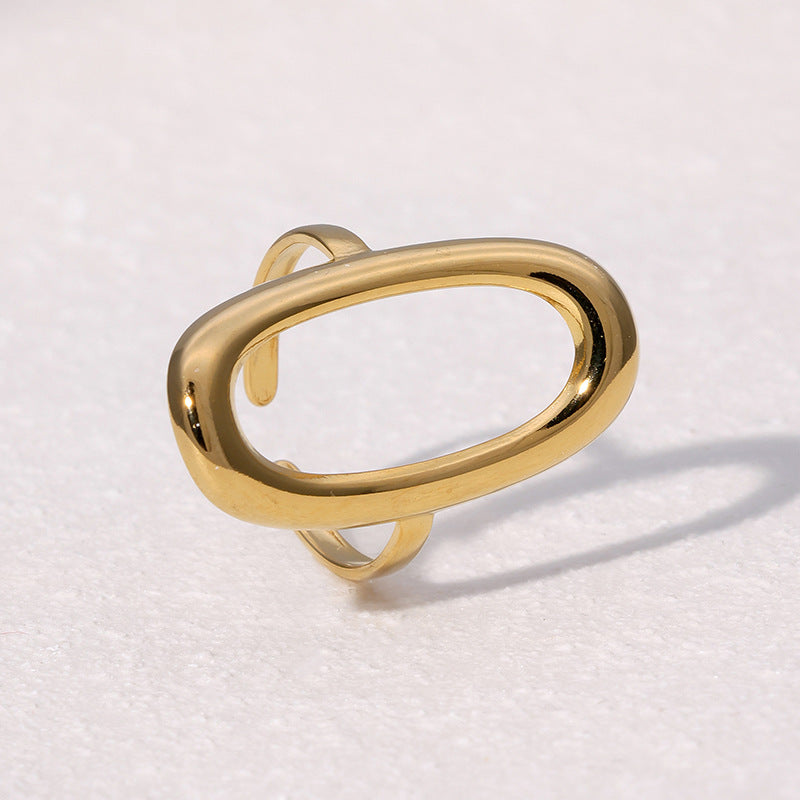 Minimalist Cold-Tone Stainless Steel Geometric Hollow Oval Gold-Plated Adjustable Ring for Women